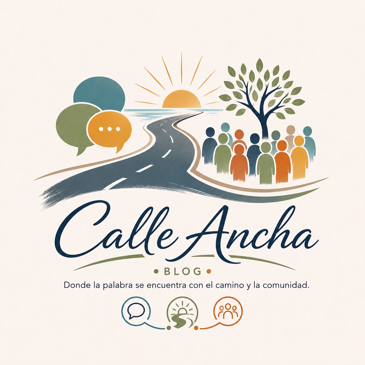Camino que conduce al amanecer junto a símbolos de diálogo, un árbol y una comunidad diversa